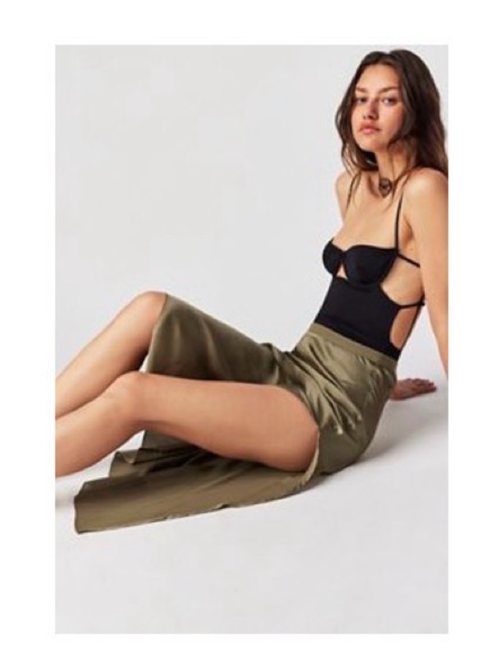 Free People Olive Green Satin Midi Skirt